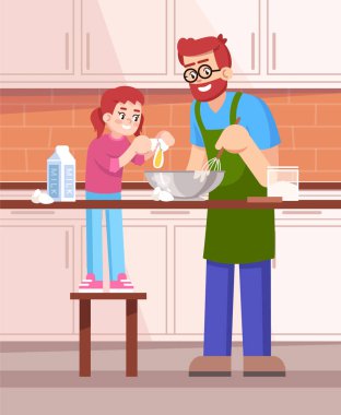 Baba ve kızı yarı düz vektör çizimi yaparak para kazanıyorlar. Ebeveyn ve çocuk hamur işi, aile üyeleri ticari kullanım için 2D çizgi film karakterlerini karıştırıyor