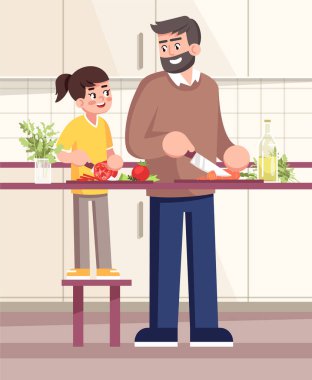 Baba ve kızı sebzeleri yarı düz vektör illüstrasyonuyla birleştiriyorlar. Baba ve bayan çocuk, aile üyeleri salata yapıyor, insanlar yemek hazırlıyor ticari kullanım için 2D çizgi film karakterleri