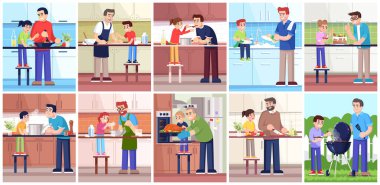 Yemek pişiren babalar ve çocuklar, mutfaktaki insanlar ve dışarıdaki düz vektör çizimleri. Babalar ve çocuklar birlikte yemek hazırlıyorlar, aile üyeleri 2D çizgi film karakterleri ticari kullanım için.
