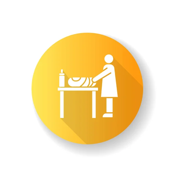 テーブル黄色のフラットデザインの長い影グリフアイコンを変更します 赤ちゃんのおむつを変える母親 子供の世話をする 新生児トイレの保育室 シルエットRgbカラーイラスト — ストックベクタ
