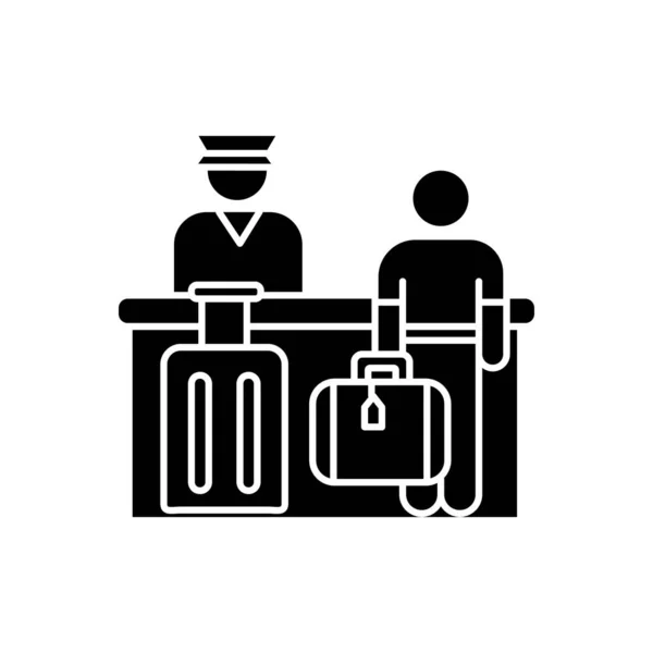 フラットデザインの長い影グリフアイコンで空港チェック 受付でお待ちしております 予約テーブルでの観光チェック 白い空間にシルエットのシンボル ベクトル分離図 — ストックベクタ