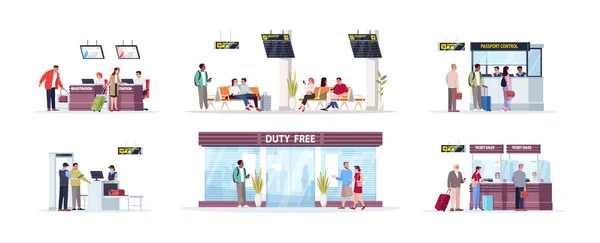 Flache Vektor Illustrationen Für Flughafenterminal Eingestellt Gepäckkontrolle Duty Free Shop — Stockvektor