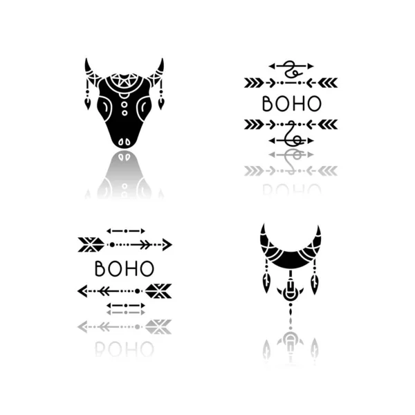 Accesorios Étnicos Estilo Boho Drop Shadow Black Glyph Icons Set — Archivo Imágenes Vectoriales