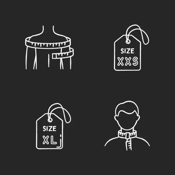 Размеры Одежды Теги Тела Измерения Мел Белые Иконки Установленные Черном — стоковый вектор