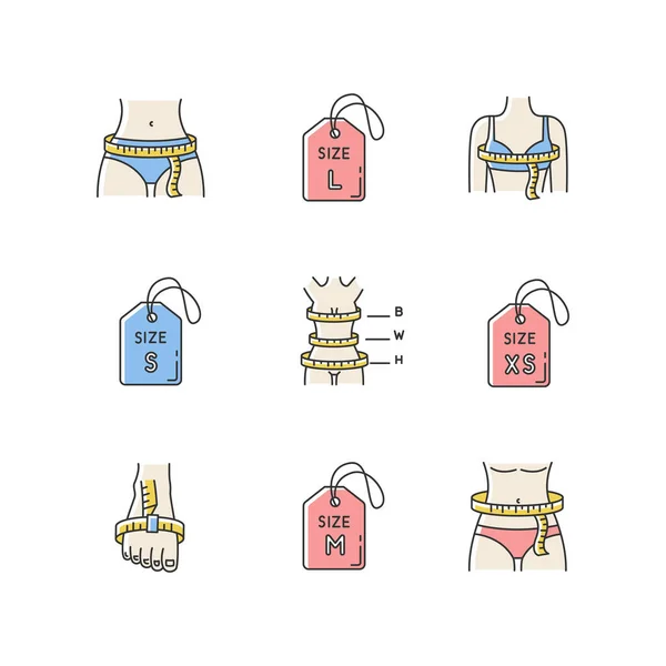 女性の服サイズRgbカラーアイコンセット カスタムメイドのアパレル オーダーメイドのテーラリングのための様々な女性ボディパラメータ測定 絶縁ベクトルイラスト — ストックベクタ