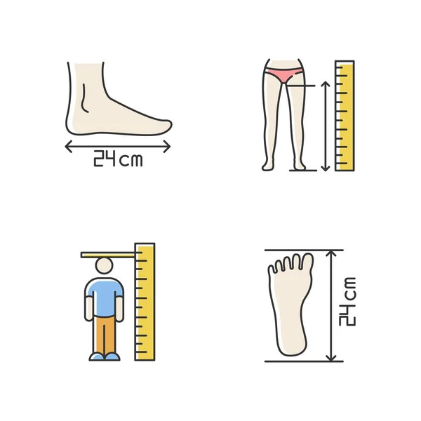 ボディ測定Rgbカラーアイコンセット 足の長さと人間の高さの決意の中 オーダーメイドや靴作りをお楽しみください 絶縁ベクトルイラスト — ストックベクタ