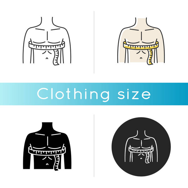Chest circumference icon. Linear black and RGB color styles. Male upper body measurements, tailoring parameters. Man chest width determination for bespoke suit. Isolated vector illustrations