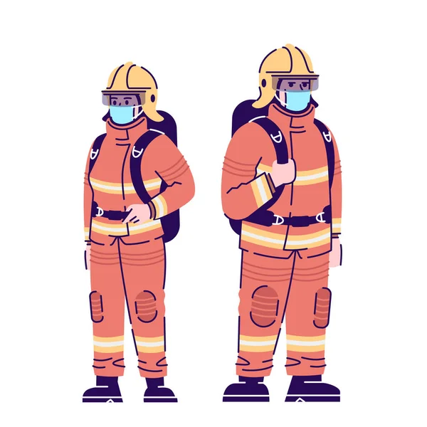 Brandweerlieden Covid19 Pandemische Platte Geïsoleerde Vectorillustratie Noodhulpverleners Chirurgische Maskers Stripfiguur — Stockvector