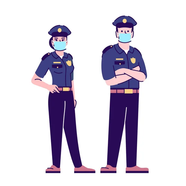 Polizeibeamte Covid19 Pandemischen Flachen Isolierten Vektorillustration Polizisten Chirurgischen Masken Cartoon — Stockvektor