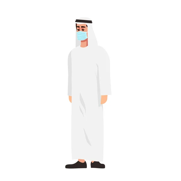 阿拉伯男子在外科口罩半平面Rgb彩色矢量插图 穆斯林家伙在白人背景上孤立卡通人物 Covid19病毒爆发 个人保健 烟雾防护 — 图库矢量图片