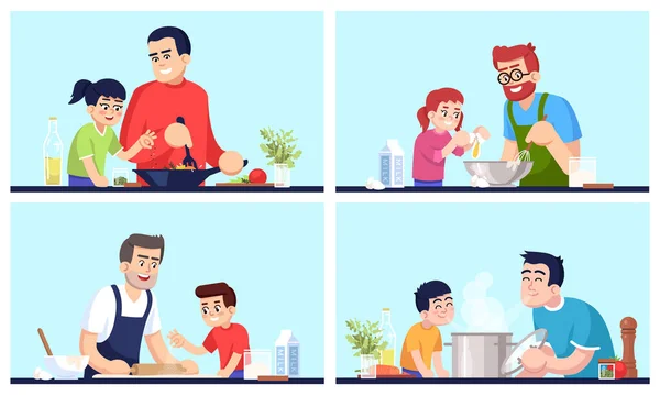Cooking People Fathers Children Food Flat Vector Illustrations Set Daddies — Stock Vector