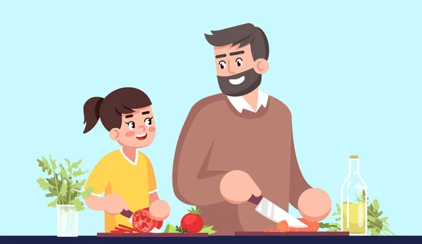 父親と娘が一緒に半フラットRgbカラーベクトルイラストを調理します 親子で野菜を切ったり 家族でブルーを背景にサラダ孤立漫画のキャラクターを作る — ストックベクタ