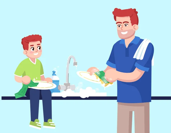 Father Son Washing Together Flat Rgb Color Vector Illustration Male — Stock Vector