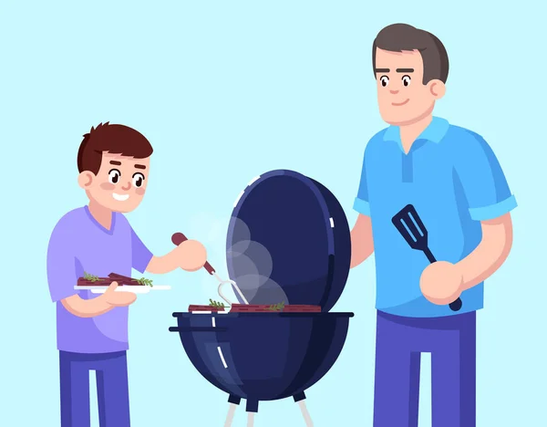 Vater Und Sohn Grillen Gemeinsam Flache Rgb Farbvektorillustration Männliche Eltern — Stockvektor