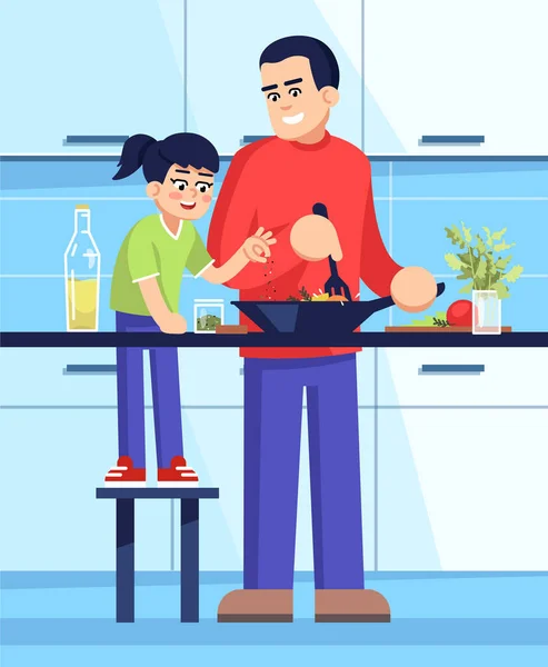 父親と娘が半平ベクトルイラストでサラダを作っています 男性の親と女性の子供は夕食を準備し 家族を調理する商業用の2D漫画のキャラクター — ストックベクタ