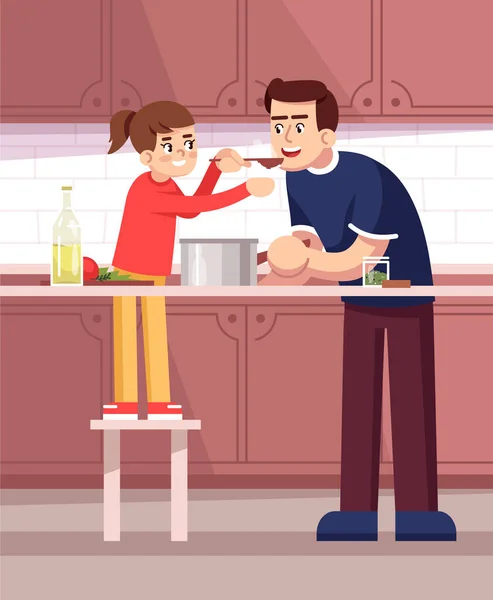 父亲和女儿一起尝一尝大餐的半平面矢量插图 食物变质 父母和子女做饭 烹调家庭成员2D卡通角色供商业用途 — 图库矢量图片