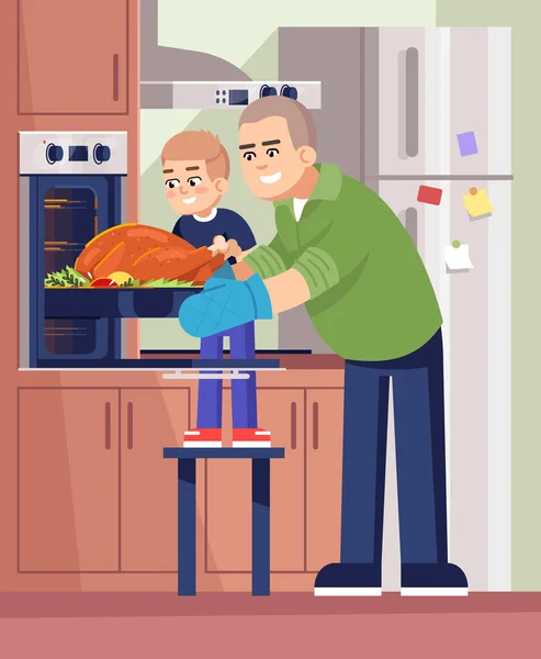 父親と息子の鶏肉を一緒にフラットベクトルイラストを調理 キッチンの男性の親と子供 オーブンを持つ人々 笑顔の家族トルコ2D漫画のキャラクターを商業的に使用するために焼く — ストックベクタ