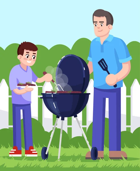 Daddy Son Cooking Barbecue Together Flat Vector Illustration Picnic Outing — Stock Vector