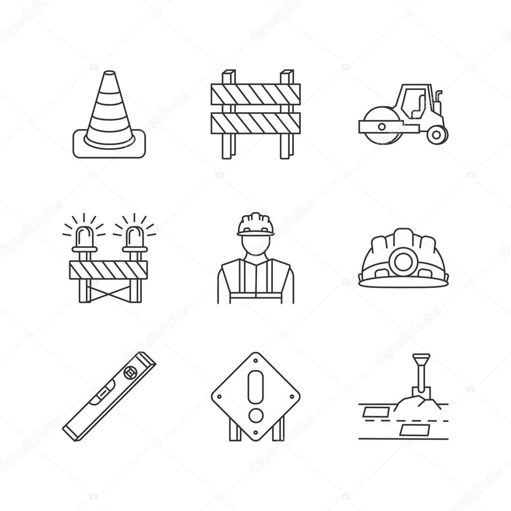 Road works pixel perfect linear icons set. Traffic cone. Road barrier. Roller truck. Siren on path block. Customizable thin line contour symbols. Isolated vector outline illustrations. Editable stroke