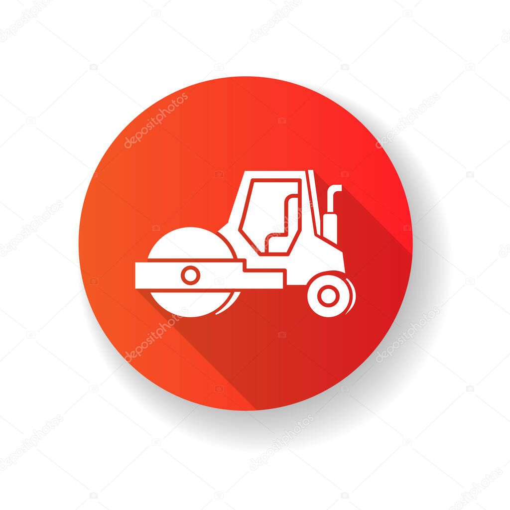 Road roller red flat design long shadow glyph icon. Compactor type vehicle for construction works. Roadworks transportation. Heavy machinery for paving. Silhouette RGB color illustration
