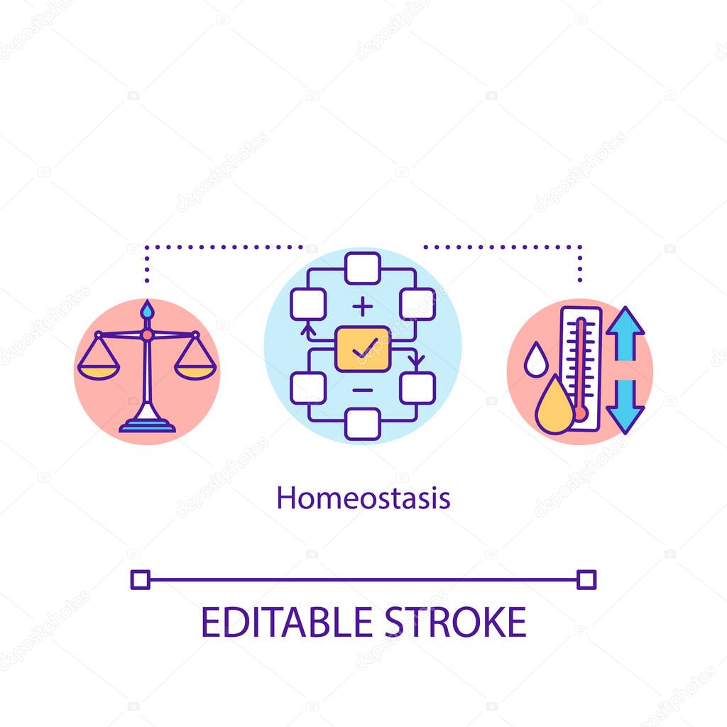 Homeostasis concept icon. Regulations in organism. Living systems maintaining. Biological process idea thin line illustration. Vector isolated outline RGB color drawing. Editable stroke