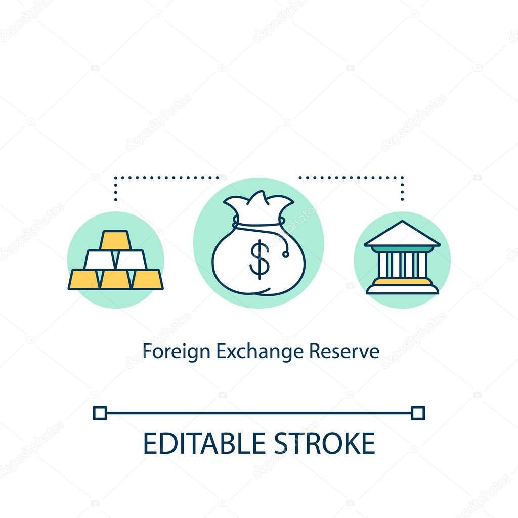 Foreign exchange reserve concept icon. National treasury, forex capital idea thin line illustration. Government cash and gold savings. Vector isolated outline RGB color drawing. Editable stroke