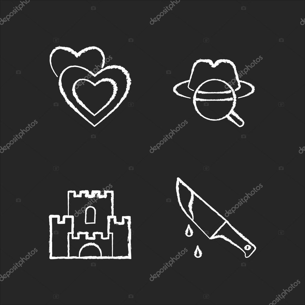 Popular movie types chalk white icons set on black background. Romantic films, detective mystery, fantasy and thriller. Different cinematography genres. Isolated vector chalkboard illustrations