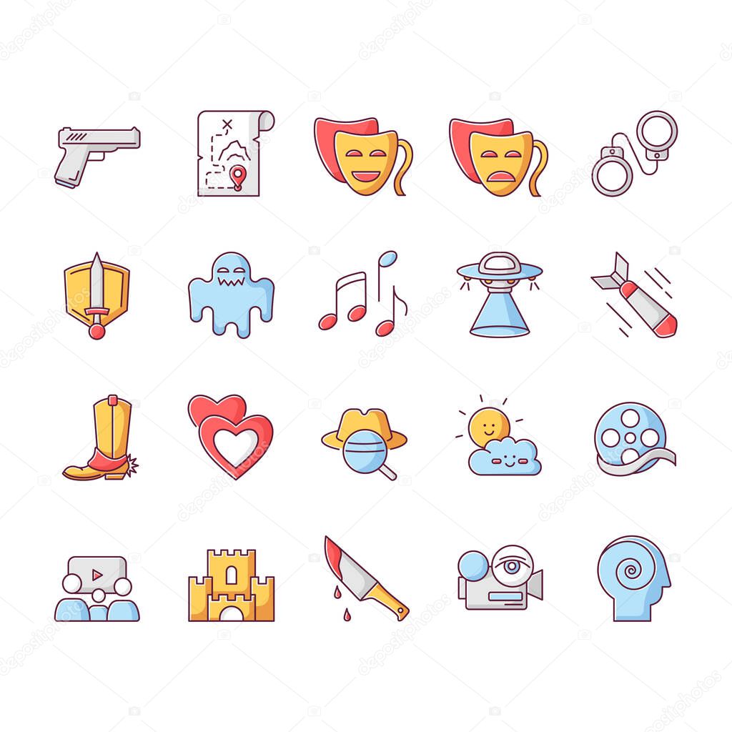 Movie genres RGB color icons set. Cinematography, filmmaking industry, cinema business. Different common film and tv show styles. Isolated vector illustrations
