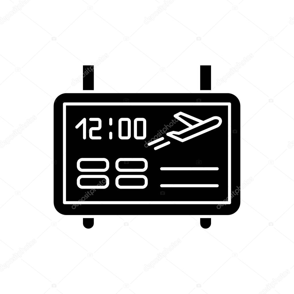 Airport scoreboard flat design long shadow glyph icon. Information about flights on electronic board.Time of plane departure. Silhouette symbol on white space. Vector isolated illustration