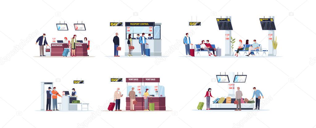 Airport terminal flat vector illustrations set. Registration desk during pandemic. Epidemic passport control. Airplane passengers and staff members in masksisolated cartoon characters kit