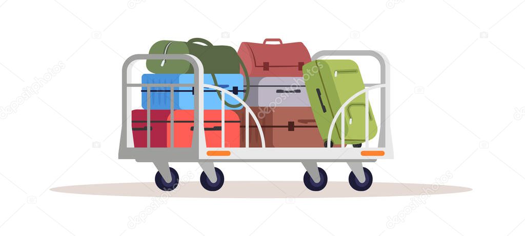 Baggage on cart semi flat RGB color vector illustration. Airport cargo shipping services. Logistics and shipment. Deliver suitcases. Handbags isolated cartoon object on white background