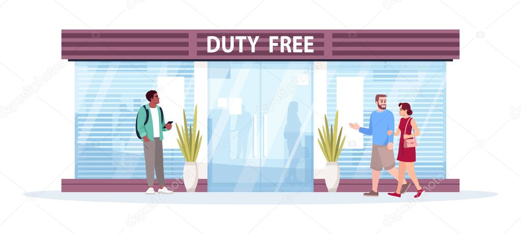 Duty free shop front semi flat vector illustration. People buy products before flight. International zone, tax free department store. Airplane passengers 2D cartoon characters for commercial use