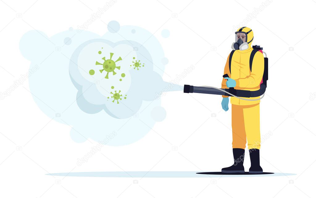 Biohazard semi flat RGB color vector illustration. Disinfection from virus outbreak. Contamination area sanitazation. Medical worker in protective suit isolated cartoon character on white background