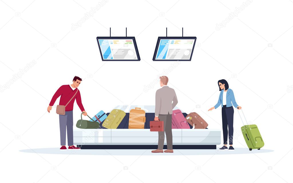 Baggage carousel semi flat RGB color vector illustration. Tourist wait for luggage. People get reclaimed bags in airport terminal. Passengers isolated cartoon character on white background