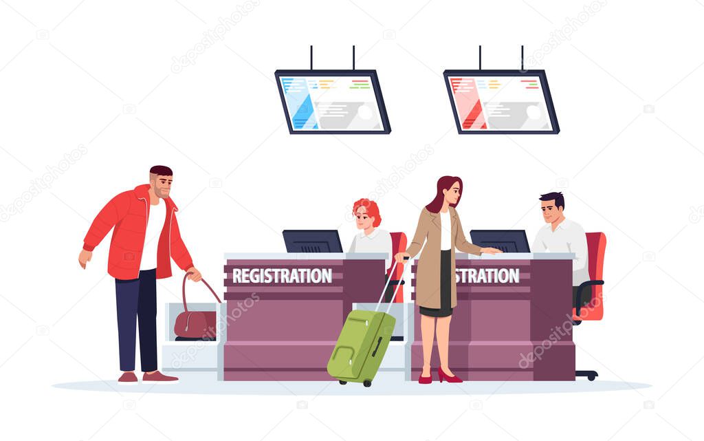 Airport registration desk semi flat RGB color vector illustration. Tourists checkin before flight. Security control for baggage. Travelers isolated cartoon character on white background