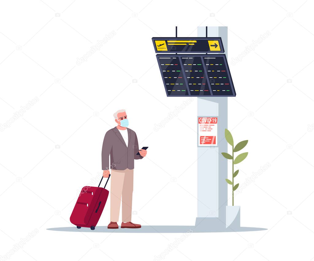 Waiting airline lounge semi flat RGB color vector illustration. Senior man with medical mask. Timetable info in lobby. Airport passenger isolated cartoon character on white background