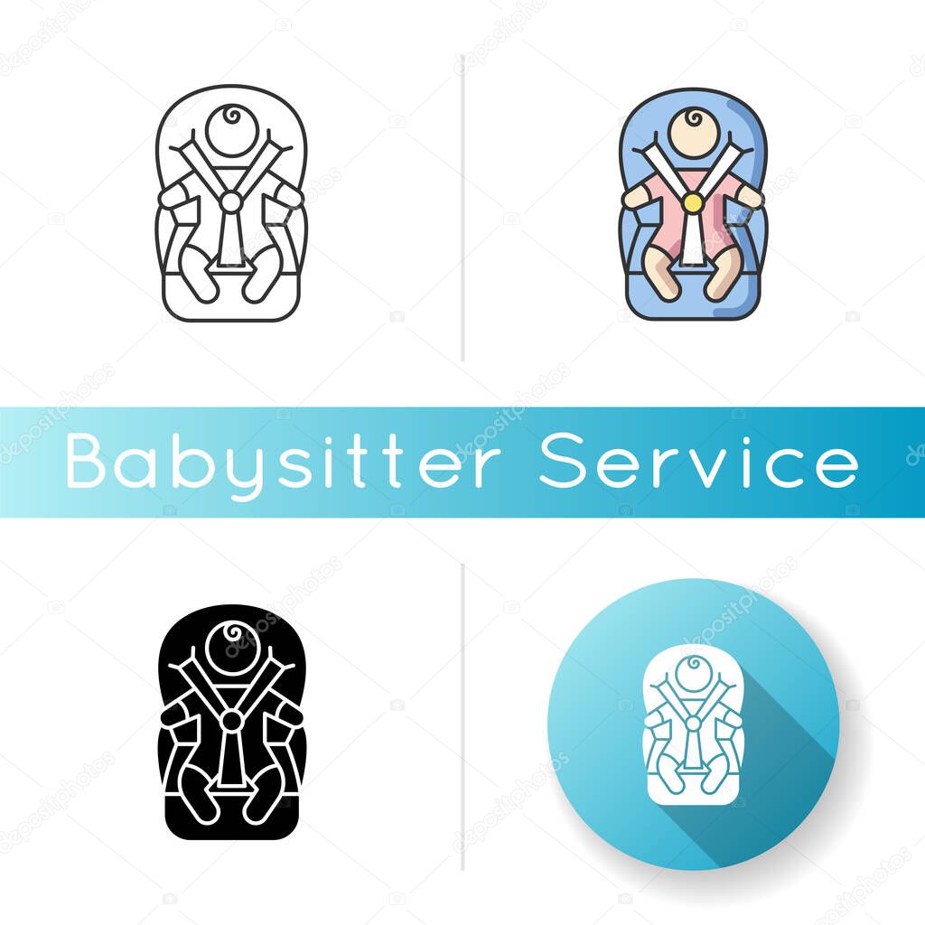 Child transportation icon. Baby in carseat. Drive infant child safely. Comfortable and secure seat for newborn kid. Linear black and RGB color styles. Isolated vector illustrations