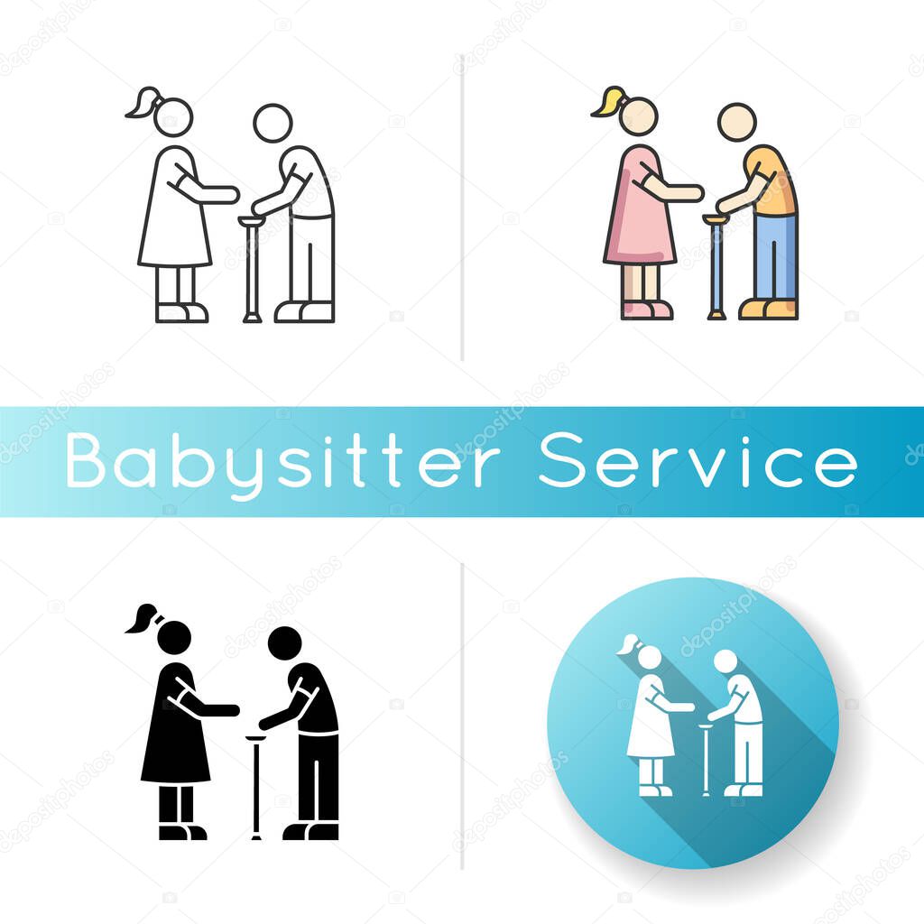 Senior care icon. Elder person with cane. Social worker help old man. Assistance for disabled people. Physical rehab. Linear black and RGB color styles. Isolated vector illustrations