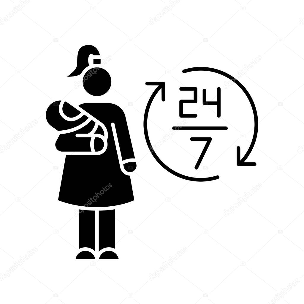 Full time babysitter black glyph icon. 24 7 looking after newborn kid. Babysitting services during full day. Around clock help with kid. Silhouette symbol on white space. Vector isolated illustration
