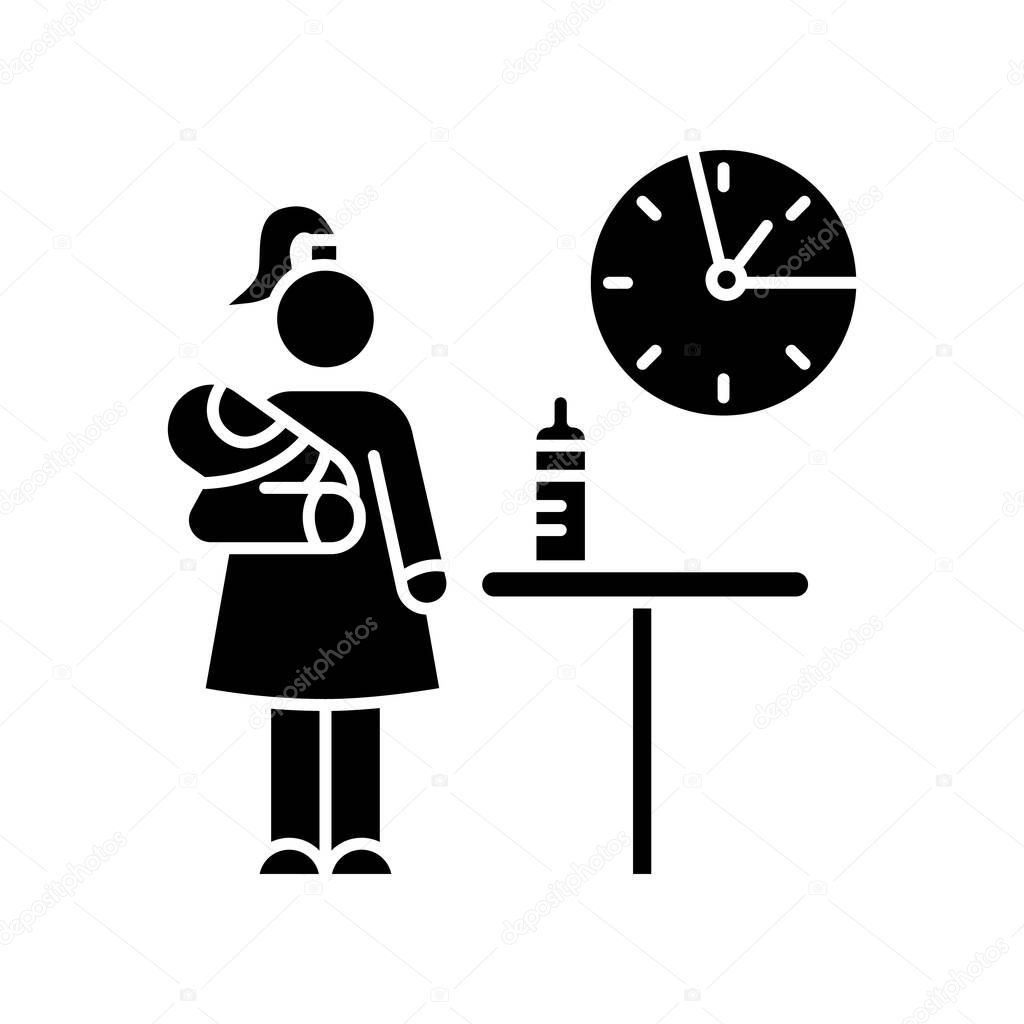 Part time babysitter black glyph icon. Babysitting service worker. Girl looking after baby. Day child care. Help with infant kid. Silhouette symbol on white space. Vector isolated illustration