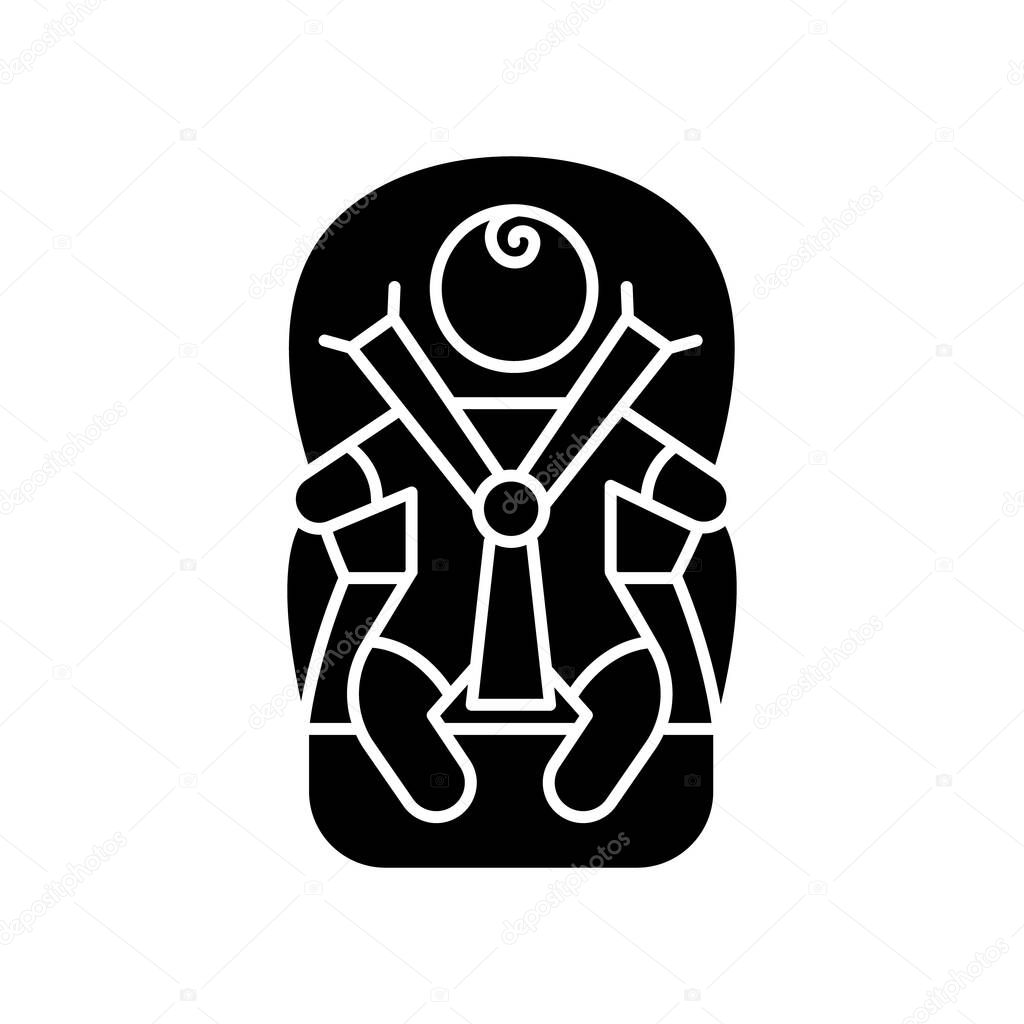 Child transportation black glyph icon. Baby in carseat. Drive infant child safely. Comfortable and secure seat for newborn kid. Silhouette symbol on white space. Vector isolated illustration