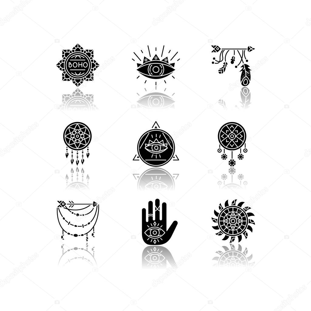 Magical accessories in boho style drop shadow black glyph icons set. Prophecy and occultism amulets. Dreamcatcher, all seeing eye talismans. Isolated vector illustrations on white space