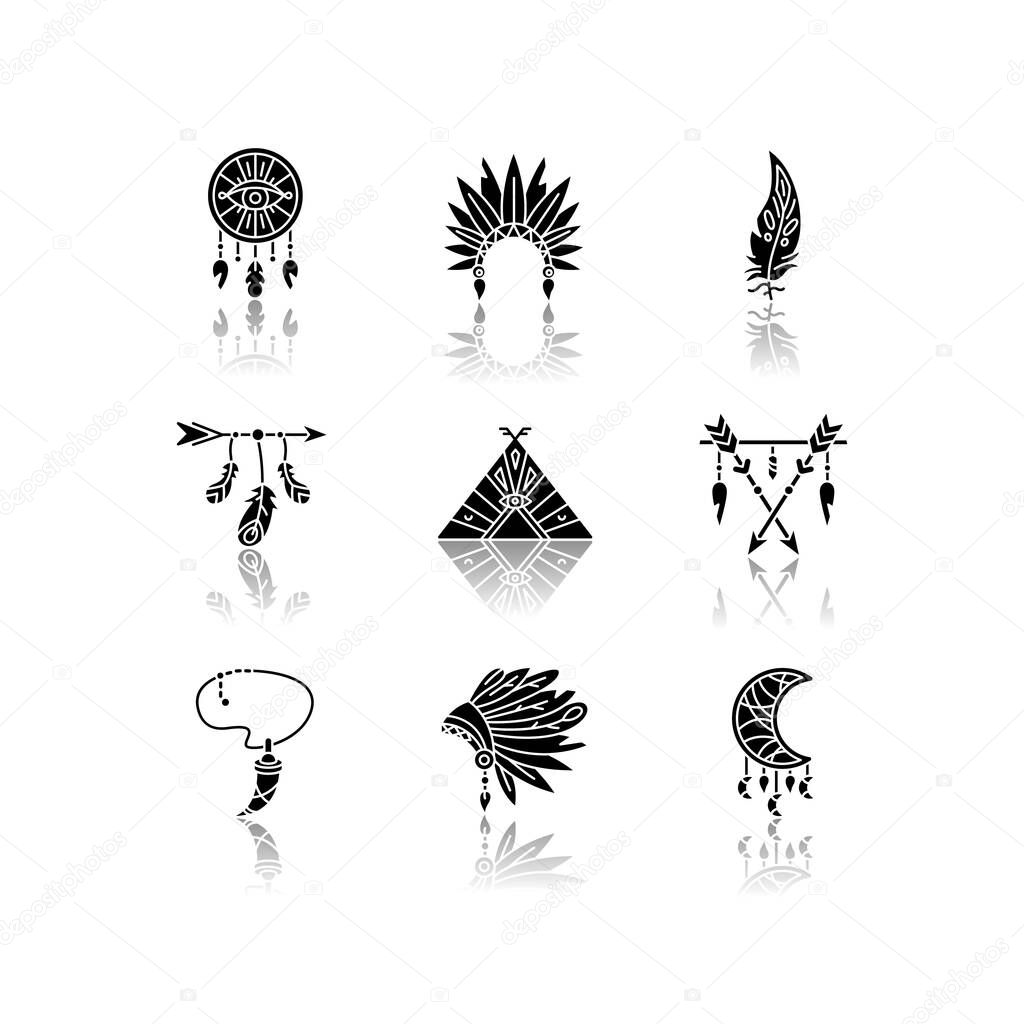 Native american indian accessories drop shadow black glyph icons set. Tribe chief hat and teepee. Necklace with tooth, arrow with feathers. Isolated vector illustrations on white space