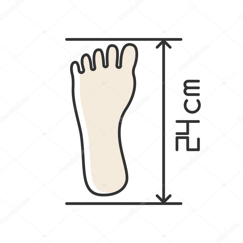 Foot length from toe to heel RGB color icon. Body part size specification, shoemaking. Measuring foot dimensions for bespoke shoes. Isolated vector illustration