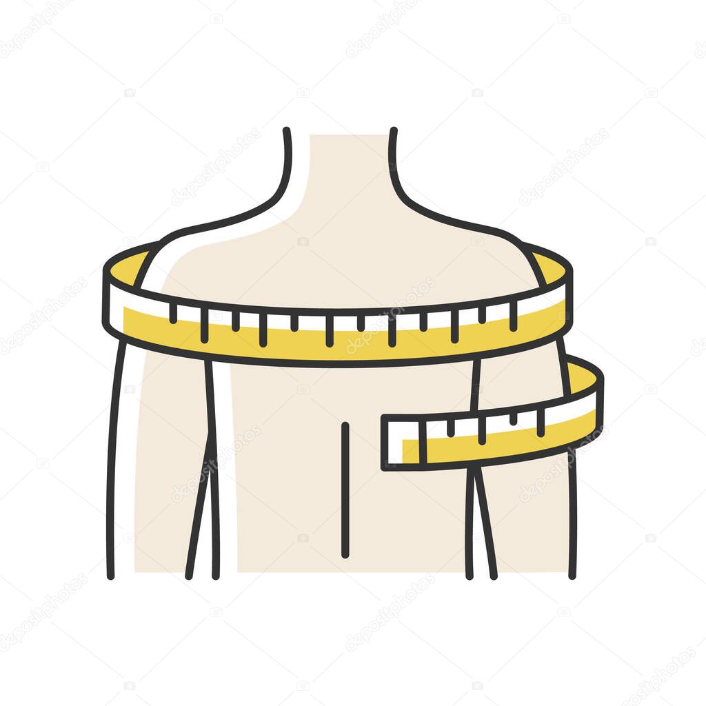 Shoulders circumference RGB color icon. Clothing size measurements, tailoring. Man upper body width specification for bespoke suit. Isolated vector illustration