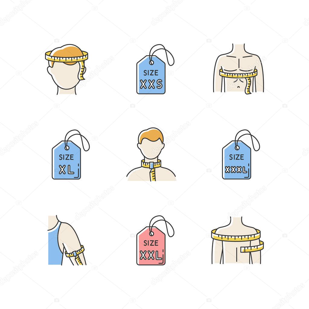 Male clothing sizes RGB color icons set. Men body dimensions and proportions measurement for custom made apparel. Bespoke tailoring. Isolated vector illustrations