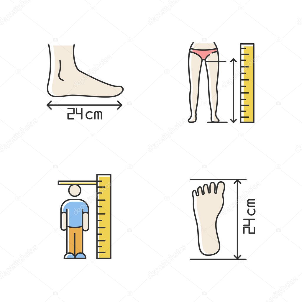 Body measurements RGB color icons set. Inside leg, foot length and human height determination. Bespoke tailoring and shoemaking. Isolated vector illustrations