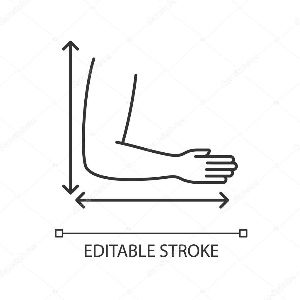 Arm length pixel perfect linear icon. Thin line customizable illustration. Bespoke clothing making contour symbol. Sleeve size specification. Vector isolated outline drawing. Editable stroke