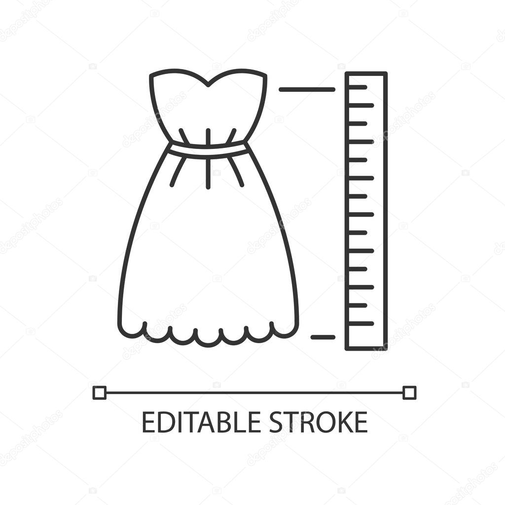 Product length pixel perfect linear icon. Thin line customizable illustration. Measuring dress size, tailoring parameters contour symbol. Vector isolated outline drawing. Editable stroke