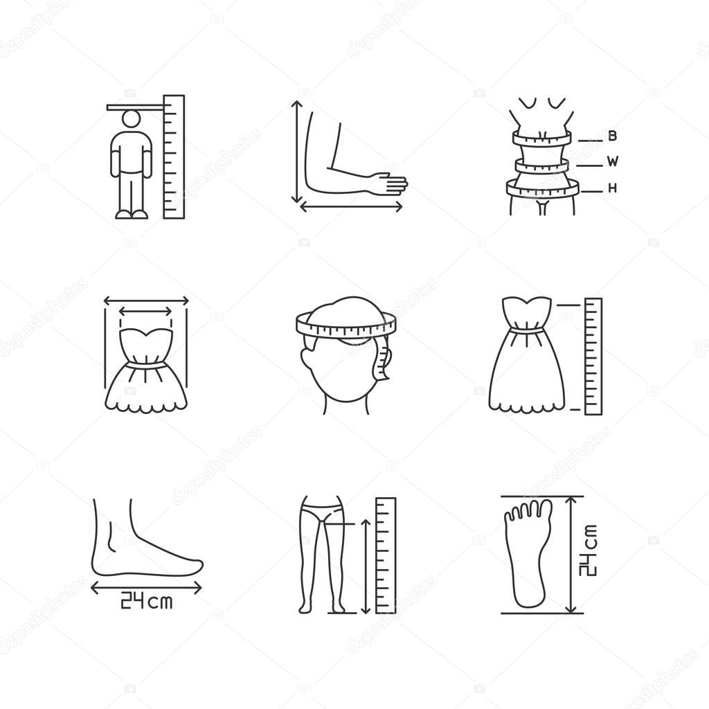 Tailor measurements pixel perfect linear icons set. Body and product dimensions. Custom made clothing customizable thin line contour symbols. Isolated vector outline illustrations. Editable stroke